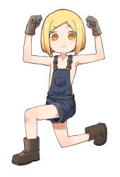 Rule 34 | 1girl, :&gt;, blonde hair, boots, doyagao, fate/grand order, fate (series), flat chest, full body, gloves, kei (soundcross), looking at viewer, naked overalls, on one knee, overalls, paul bunyan (fate), paul bunyan (third ascension) (fate), short hair, smug, solo, white background, yellow eyes
