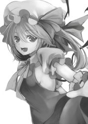 Rule 34 | 1girl, alternate costume, breasts, crystal, fang, flandre scarlet, greyscale, happy, hat, hat ribbon, laughing, looking at viewer, medium breasts, monochrome, open mouth, outstretched arm, puffy sleeves, ribbon, side ponytail, sideboob, skirt, solo, touhou, utakata (kochou no yume), wings