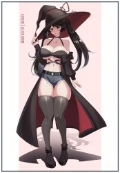 Rule 34 | 1girl, aelion draws, arm at side, bare shoulders, belt, black choker, black coat, black footwear, black hair, black sleeves, black thighhighs, blue shorts, border, breasts, choker, cleavage, coat, collarbone, commentary, commission, denim, denim shorts, english commentary, forehead, full body, halterneck, hand up, highres, knees together feet apart, large breasts, large hat, long hair, long sleeves, looking at viewer, navel, off shoulder, original, parted bangs, parted lips, patreon username, platform footwear, red eyes, shadow, shorts, signature, simple background, solo, thigh gap, thighhighs, thighs, twintails, two-tone background, white border