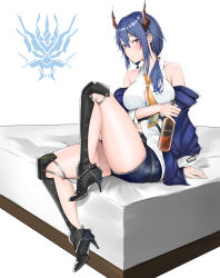 Rule 34 | 1girl, absurdres, arknights, arm support, bare shoulders, black footwear, blue hair, blue jacket, blush, bottle, breasts, ch&#039;en (arknights), commentary request, dragon horns, great lungmen logo, hair between eyes, high heels, highres, holding, holding bottle, horns, jacket, large breasts, long hair, long sleeves, looking at viewer, milksauce, necktie, off shoulder, parted lips, red eyes, shin guards, shirt, short shorts, shorts, sidelocks, sitting, sleeveless, sleeveless shirt, solo, thighs, white background, white shirt, yellow necktie
