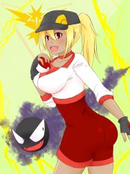 Rule 34 | 10s, 1girl, absurdres, artist request, ass, baseball cap, bike shorts, blonde hair, blush, breasts, creatures (company), dark skin, fang, female protagonist (pokemon go), fingerless gloves, game freak, gastly, gen 1 pokemon, gloves, hat, highres, holding, holding poke ball, large breasts, long hair, looking at viewer, nintendo, open mouth, poke ball, pokemon, pokemon (creature), pokemon go, ponytail, red eyes, smile