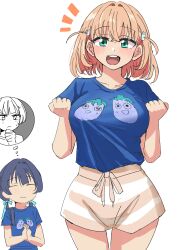 2girls :d absurdres blue_hair blue_ribbon blue_shirt blush breasts brown_shorts closed_eyes commentary_request cowboy_shot crossed_bangs dark_blue_hair ereka frown green_eyes hair_ornament hair_ribbon highres hinoshita_kaho large_breasts link!_like!_love_live! long_hair love_live! low_twintails matching_outfits medium_hair mole mole_on_neck multiple_girls murano_sayaka notice_lines open_mouth orange_hair own_hands_together print_shirt rabbit_hair_ornament ribbon round_teeth shirt short_shorts short_sleeves shorts simple_background smile solo_focus sweatdrop t-shirt teeth thinking thought_bubble twintails two_side_up upper_teeth_only v-shaped_eyebrows virtual_youtuber white_background