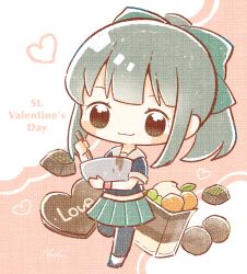 Rule 34 | 1girl, :3, black pantyhose, blush, bow, bowl, brown eyes, candy, chibi, chocolate, chocolate heart, food, green skirt, grey hair, hair bow, heart, highres, holding, holding bowl, kantai collection, leg up, nada namie, pantyhose, ponytail, sailor collar, short sleeves, sidelocks, signature, simple background, skirt, smile, solo, two-tone background, valentine, yuubari (kancolle)
