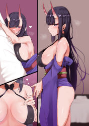 Rule 34 | 1girl, aged up, alternate breast size, alternate hair length, alternate hairstyle, bare shoulders, breasts, collarbone, eyeliner, fate/grand order, fate (series), highres, horns, japanese clothes, kimono, large breasts, long hair, long sleeves, looking at viewer, makeup, multiple views, nagatani (nagata2), obi, off shoulder, oni, purple eyes, purple hair, purple kimono, revealing clothes, sash, shuten douji (fate), sideboob, skin-covered horns, smile, thighs, wide sleeves