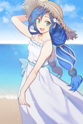 Rule 34 | 1girl, arm behind head, arm up, bare shoulders, beach, blue hair, bow, collarbone, dana (ys), dress, green eyes, hair bow, hair rings, hat, long braid, long hair, looking at viewer, love credo, ocean, open mouth, outdoors, sand, smile, solo, straw hat, sundress, water, white bow, white dress, ys, ys viii lacrimosa of dana