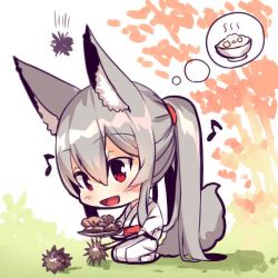 Rule 34 | 1girl, :d, animal ear fluff, animal ears, blush, bowl, chestnut, chibi, commentary request, eighth note, food, fox ears, fox girl, fox tail, full body, grey hair, hair between eyes, holding, holding plate, japanese clothes, kimono, long hair, long sleeves, musical note, obi, open mouth, original, patch, plate, ponytail, red eyes, sash, seiza, sidelocks, sitting, smile, solo, tail, thought bubble, very long hair, white kimono, wide sleeves, yuuji (yukimimi)