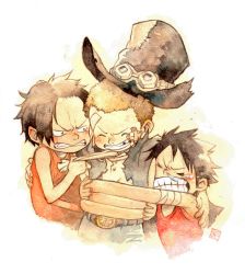 Rule 34 | 3boys, bandages, bandaid, belt, black hair, brothers, bruise, buckle, child, clenched teeth, colored pencil (medium), east blue, closed eyes, freckles, goggles, grin, hat, hug, injury, male focus, matsumoto musubi, missing tooth, monkey d. luffy, multiple boys, necktie, necktie grab, neckwear grab, one piece, portgas d. ace, sabo (one piece), scar, scarf, shirt, siblings, sleeveless, sleeveless shirt, smile, snot, tears, teeth, top hat, traditional media, aged down