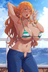 Rule 34 | 1girl, absurdres, ao banana, arm behind head, armpits, bikini, bikini top only, blue pants, blue sky, breasts, cloud, collarbone, cowboy shot, dark-skinned female, dark skin, day, denim, green bikini, highres, jeans, large breasts, looking at viewer, nami (one piece), naughty face, navel, ocean, one piece, open fly, open mouth, orange eyes, orange hair, outdoors, pants, sky, solo, standing, swimsuit, tongue, tongue out, white bikini