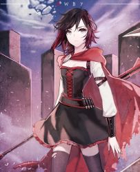 Rule 34 | 1girl, bad id, bad twitter id, bandolier, breasts, broken moon, cape, cleavage, corset, crescent rose, ecru, english text, grey eyes, moon, red hair, ruby rose, rwby, solo, thighhighs, torn cape, torn clothes, torn thighhighs