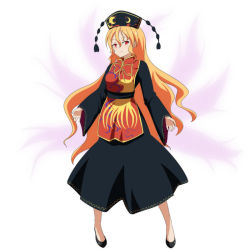 Rule 34 | 1girl, black dress, blonde hair, blush, cato (monocatienus), chinese clothes, dress, fiery wings, frown, hair ornament, junko (touhou), long hair, long sleeves, looking at viewer, no socks, red eyes, sash, shoes, solo, tabard, touhou, very long hair, wavy hair, wide sleeves