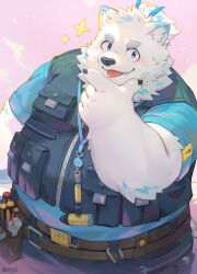 Rule 34 | 1boy, absurdres, animal ears, bandaid, bandaid on face, bara, belly, belt, belt pouch, blue eyes, blue fur, blue shirt, dog boy, dog ears, finger to own chin, furry, furry male, highres, keyhole, lanyard, live a hero, male focus, pocket, ponytail, pouch, screwdriver, seamonsterping, shirt, signature, sleeveless, sleeveless jacket, solo, sparkle, tongue, tongue out, upper body, white fur, wrench, yohack