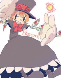 Rule 34 | &gt;:), &gt;:d, 0 0, 1girl, :d, bad id, bad pixiv id, bird, bow, bowtie, capelet, character name, copyright name, dress, english text, engrish text, gloves, grin, hat, mechanical arms, open mouth, orange hair, peacock (skullgirls), purple dress, ranguage, rawan, sharp teeth, short hair, simple background, skullgirls, smile, solo, teeth, top hat, v-shaped eyebrows, white background, white gloves
