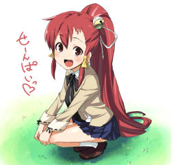 Rule 34 | 1girl, :d, bell, blazer, blush, hair ornament, hands on own knees, jacket, laughing, legs, loafers, long hair, looking at viewer, miniskirt, open mouth, original, pleated skirt, ponytail, red eyes, red hair, ribbon, school uniform, shoes, shue, skirt, smile, socks, solo, squatting, swept bangs, very long hair