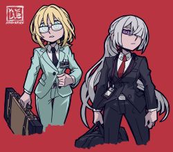 Rule 34 | 2girls, ak-15 (erwin) (girls&#039; frontline), ak-15 (girls&#039; frontline), an-94 (antje) (girls&#039; frontline), an-94 (girls&#039; frontline), blonde hair, blue eyes, blue suit, breasts, collared shirt, crossover, formal, girls&#039; frontline, glasses, hair over one eye, helltaker, highres, holding, holding suitcase, id card, jacket, long hair, looking at viewer, multiple girls, necktie, parody, ponytail, purple eyes, red background, shirt, signature, silver hair, simple background, sindraws, style parody, suit, suit jacket, suitcase