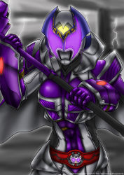 Rule 34 | 1girl, armor, belt, breasts, commentary, english commentary, glowing, glowing eyes, hammer, helmet, highres, holding, holding hammer, holding weapon, kamen rider, kamen rider dcd, kamen rider kivala, looking at viewer, medium breasts, purple eyes, solo, solo focus, weapon, yuuyatails