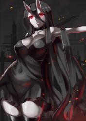 Rule 34 | 10s, 1girl, abyssal ship, bare shoulders, battleship princess, black dress, black hair, black thighhighs, breasts, choker, cleavage, dress, eye trail, female focus, glowing, glowing eyes, horns, kantai collection, kazo (kazozakazo), large breasts, light trail, long hair, looking at viewer, no bra, pale skin, red eyes, short dress, simple background, skin-covered horns, solo, spaghetti strap, thighhighs, very long hair, zettai ryouiki