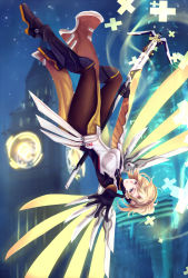 Rule 34 | 1girl, armor, black gloves, blonde hair, blue eyes, bodysuit, boobplate, breastplate, breasts, brown pantyhose, city, commentary, dutch angle, elizabeth tower, falling, faulds, full body, gloves, glowing, glowing wings, greaves, halo, high ponytail, highres, holding, holding staff, looking at viewer, mechanical halo, mechanical wings, medium breasts, mercy (overwatch), messy hair, night, nose, outdoors, outstretched hand, overwatch, overwatch 1, pantyhose, pelvic curtain, reaching, reaching towards viewer, solo, spread wings, staff, star (sky), swiss flag, upside-down, vv sama, wings, yellow wings