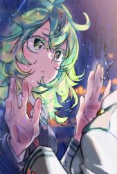 Rule 34 | 1girl, against window, ahoge, akiyama youkou, blurry, blurry background, blush, boku no hero academia, collared shirt, colored eyelashes, commentary request, condensation, crossed bangs, different reflection, eyelashes, green eyes, green hair, grey jacket, hagakure tooru, hair between eyes, hand on window, hands up, highres, indoors, invisible, jacket, lapels, long hair, long sleeves, necktie, night, parted lips, red necktie, reflection, school uniform, shirt, sidelocks, solo, u.a. school uniform, unusually visible, upper body, white shirt, window, window fog