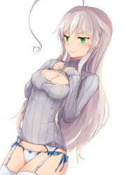 Rule 34 | 1girl, ahoge, bad id, bad pixiv id, blush, bow, bow panties, breasts, closed mouth, from side, garter straps, green eyes, grey hair, grey sweater, groin, haiyore! nyaruko-san, hands on own chest, heart, highres, huge ahoge, long hair, medium breasts, meme attire, no pants, nyarlathotep (nyaruko-san), open-chest sweater, panties, powhway, ribbed sweater, simple background, sleeves past wrists, smile, solo, sweater, thighhighs, underwear, very long hair, white background, white panties, white thighhighs