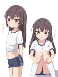 Rule 34 | 1girl, black shorts, blush, brown eyes, brown hair, chestnut mouth, closed mouth, commentary request, feet out of frame, gym shirt, gym shorts, gym uniform, highres, knees together feet apart, knees up, long hair, midriff, multiple views, navel, original, panties, panties under shorts, parted lips, puffy short sleeves, puffy sleeves, shirt, short shorts, short sleeves, shorts, sitting, socks, standing, takasuma hiro, tied shirt, translation request, underwear, upshorts, very long hair, white panties, white shirt, white socks