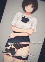 Rule 34 | 1girl, bikini, black bow, black bowtie, black hair, black panties, black skirt, blurry, bow, bowtie, breasts, brown eyes, closed mouth, collared shirt, commentary, concealed weapon, dress shirt, english commentary, genso, gun, handgun, high-waist skirt, highres, holster, holstered, looking at viewer, medium breasts, original, panties, photo (object), pistol, plaid, plaid skirt, pleated skirt, polka dot, polka dot bikini, revealing layer, school uniform, shirt, short hair, short sleeves, skindentation, skirt, solo, swimsuit, thigh holster, underwear, weapon, wing collar