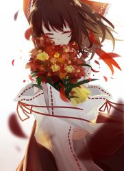 Rule 34 | 1girl, aie, ascot, bad id, bad pixiv id, bouquet, bow, brown hair, closed mouth, detached sleeves, closed eyes, flower, hair bow, hakurei reimu, highres, petals, ribbon-trimmed sleeves, ribbon trim, skirt, skirt set, smile, solo, touhou, wide sleeves