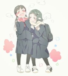 Rule 34 | 2girls, :d, black footwear, black hair, black legwear, blue jacket, blue skirt, blush, breath, brown eyes, cellphone, cold, enpera, closed eyes, facing viewer, gomennasai, green hair, grin, holding, holding phone, jacket, laughing, long hair, long sleeves, looking at another, low twintails, mittens, multiple girls, open mouth, original, pantyhose, phone, pleated skirt, scarf, school uniform, shoes, skirt, smartphone, smile, sneakers, standing, twintails, white footwear, white scarf