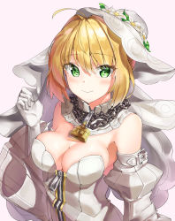 Rule 34 | 1girl, absurdres, ahoge, bare shoulders, blonde hair, blush, breasts, bridal veil, chain, cleavage, commentary request, detached sleeves, dress, fate/grand order, fate (series), flower, gloves, green eyes, hair between eyes, hair ornament, highres, keyhole, kuse (0201), large breasts, lock, looking at viewer, nero claudius (bride) (fate), nero claudius (bride) (second ascension) (fate), nero claudius (fate), nero claudius (fate) (all), padlock, puffy sleeves, simple background, smile, solo, veil, wedding dress, white background, white dress, white gloves, zipper