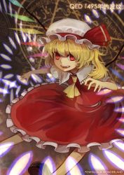 Rule 34 | 1girl, ascot, blonde hair, crystal, female focus, flandre scarlet, hat, hat ribbon, highres, open mouth, peninsula (disappearedstump), puffy sleeves, ribbon, short hair, short sleeves, side ponytail, solo, touhou, wings