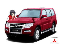 Rule 34 | 1girl, black hair, blue eyes, hands on own cheeks, hands on own face, jacket, logo, looking at viewer, mitsubishi motors, mitsubishi pajero, original, shadow, short hair, simple background, smile, solo, sports utility vehicle, tessai, vehicle focus, white background, white jacket