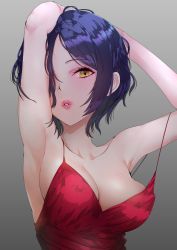 Rule 34 | 1girl, armpits, arms up, bare shoulders, black hair, blush, breasts, cleavage, dress, eyelashes, hair over one eye, hayami kanade, highres, idolmaster, idolmaster cinderella girls, large breasts, lips, looking at viewer, maou (demonlord), parted bangs, short hair, simple background, solo, upper body, yellow eyes