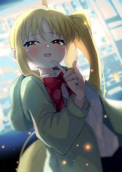 Rule 34 | 1girl, absurdres, ahoge, backlighting, blonde hair, blush, bocchi the rock!, bow, bowtie, brown eyes, collared shirt, highres, hood, hooded jacket, ijichi nijika, index finger raised, jacket, light particles, long hair, looking at viewer, ohako (ohako1818), open clothes, open jacket, open mouth, outdoors, red bow, shirt, side ponytail, sidelocks, smile, solo, upper body, vending machine, white shirt