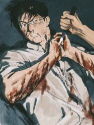 Rule 34 | 1boy, black hair, bleeding, blood, blood from mouth, blood on arm, blood on clothes, blood on face, blood on hands, brown eyes, bruise, bruise on face, chengongzi123, clenched teeth, collared shirt, cuts, disembodied hand, glasses, grey background, hands up, highres, holding, holding knife, injury, knife, kogure kiminobu, looking at viewer, male focus, nosebleed, pushing away, round eyewear, shirt, short hair, simple background, slam dunk (series), tears, teeth, uneven eyes, upper body, very short hair, white shirt