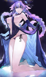 Rule 34 | 1girl, absurdres, armpits, aurora, backless dress, backless outfit, bare shoulders, barefoot, blue eyes, braid, breasts, choujigen game neptune, clothes lift, commission, dress, earrings, elbow gloves, feet, from below, gloves, hair ornament, highres, houden eizou, jewelry, kneeling, long hair, looking at viewer, medium breasts, navel, neptune (series), night, night sky, outdoors, panties, purple dress, purple eyes, purple heart (neptunia), purple heart (goddesses&#039; promise), revealing clothes, ribbon, side-tie panties, sideboob, skeb commission, skirt, skirt lift, sky, solo, twin braids, two-sided fabric, underwear, very long hair