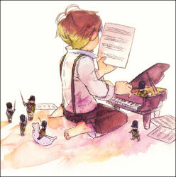 Rule 34 | 1boy, 21grams, antenna hair, barefoot, black pants, blonde hair, child, collared shirt, commentary request, from behind, high collar, holding, holding paper, instrument, long sleeves, lowres, male focus, mini piano, music, original, painting (medium), pants, paper, piano, playing instrument, playing piano, sheet music, shirt, short hair, simple background, sitting, solo, suspenders, toes, toy soldier, traditional media, wariza, watercolor (medium), white background, white shirt, white sleeves