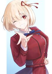 Rule 34 | 1girl, ;d, absurdres, akaneiro (akane color35), blonde hair, blue background, blue ribbon, blush, collared shirt, commentary, eyelashes, grin, hair between eyes, hair ribbon, hand on own hip, hand up, happy, head tilt, highres, jacket, long sleeves, looking at viewer, lycoris recoil, lycoris uniform, neck ribbon, nishikigi chisato, one eye closed, one side up, open hand, open mouth, red eyes, red jacket, red ribbon, ribbon, shirt, short hair, simple background, smile, solo, two-tone background, uniform, upper body, white background