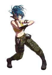 Rule 34 | 1girl, ammunition pouch, armlet, bare shoulders, belt, black footwear, blue eyes, blue hair, closed mouth, crop top, dog tags, fighting stance, full body, gloves, leona heidern, midriff, navel, official art, ogura eisuke, pants, ponytail, pouch, shirt, snk, snk heroines: tag team frenzy, solo, standing, tank top, the king of fighters, transparent background, yellow shirt, yellow tank top