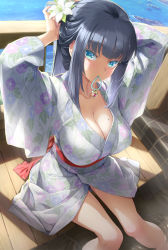 Rule 34 | 1girl, adjusting hair, arms up, black hair, blue eyes, blush, breasts, character request, cleavage, flower, hair flower, hair ornament, happoubi jin, highres, japanese clothes, jewelry, kimono, large breasts, long hair, looking at viewer, mole, mole on breast, mouth hold, sitting, solo