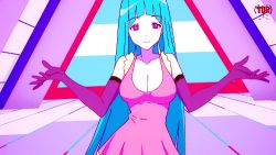 Rule 34 | 1girl, animated, animated gif, blue hair, bouncing breasts, breasts, cleavage, female focus, heart, heart hands, long hair, lowres, me!me!me!, meme (me!me!me!), open mouth, purple eyes, solo, teeth, very long hair