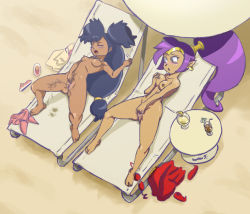 Rule 34 | 2girls, alternate color, arched back, barefoot, beach, blush, grabbing another&#039;s breast, breasts, closed eyes, creatures (company), crossover, dark-skinned female, dark skin, feet, female ejaculation, fingering, game freak, grabbing, iris (pokemon), masturbation, medium breasts, multiple girls, nintendo, nipples, nude, open mouth, orgasm, outdoors, pokemon, public indecency, pussy, sand, shantae, shantae (series), shiny skin, spread legs, spread pussy, toes, uncensored