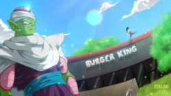 Rule 34 | 2boys, artist name, black hair, blue sash, blue sky, building, burger king, cape, cloud, colored skin, commentary, copyright name, door, dragon ball, dragonball z, english commentary, foliage, green skin, highres, lens flare, looking at viewer, meme, multiple boys, outdoors, pants, piccolo, pointy ears, purple pants, purple shirt, railing, restaurant, sash, scarf, shirt, sign, sky, smile, son gohan, srojam, sunlight, tree, turban, walking, white cape, white scarf, window
