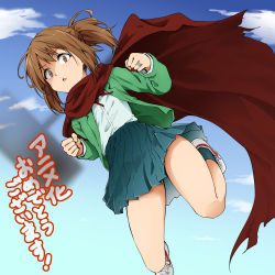 Rule 34 | 1girl, asahina samidare, brown eyes, brown hair, cape, cloud, full body, highres, hoshi no samidare, jewelry, kagiana, long hair, looking at viewer, open mouth, pleated skirt, ponytail, red cape, ring, school uniform, skirt, solo