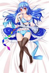 Rule 34 | 1girl, alternate breast size, bare shoulders, bed sheet, black thighhighs, blue bra, blue hair, blue panties, blush, bra, breasts, brown thighhighs, cameltoe, cleavage, clothes lift, feet, female focus, highres, hinanawi tenshi, honda takaharu, large breasts, legs, lingerie, long hair, lying, off shoulder, on back, open clothes, open shirt, panties, pantyshot, red eyes, serikaserika, shirt, skirt, skirt around belly, skirt lift, solo, thighhighs, touhou, underwear, upskirt