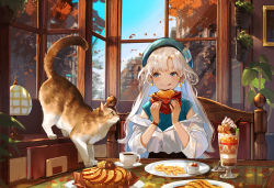 Rule 34 | 1girl, :p, animal, autumn, autumn leaves, blue eyes, blue hair, blue headwear, blue shirt, blue sky, building, burger, cat, chair, chocolate, coffee, commentary request, cup, earrings, eating, food, fork, french fries, fruit, fruit tart, glass, hanging plant, highres, holding, holding food, huion, indoors, jacket, jewelry, ketchup, knife, lamp, leaf, long hair, multicolored hair, nail polish, napkin, nima (niru54), omelet, omurice, orange (fruit), orange slice, original, parfait, plant, plate, platinum blonde hair, potted plant, shirt, short sleeves, sitting, sky, table, tart (food), tongue, tongue out, two-tone hair, watch, white jacket, window, wristwatch