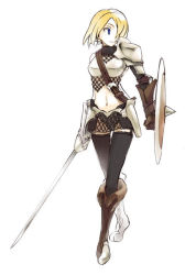 Rule 34 | 1girl, armor, asymmetrical clothes, black thighhighs, blonde hair, blue eyes, boots, breastplate, chainmail, commentary request, crossed legs, elbow pads, garter straps, gauntlets, hair over one eye, hip armor, knight, looking to the side, midriff, navel, original, plate armor, poaro, saber (weapon), shield, short hair, shoulder plates, simple background, solo, strap, sword, thighhighs, walking, watson cross, weapon, white background
