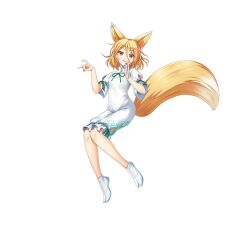 Rule 34 | 1girl, animal ears, brown eyes, fox ears, fox girl, fox shadow puppet, fox tail, full body, game cg, hair between eyes, highres, holding, holding test tube, jumpsuit, kudamaki tsukasa, light brown hair, looking at viewer, rotte (1109), short hair, short sleeves, simple background, socks, solo, tail, test tube, third-party source, touhou, touhou lostword, white background, white jumpsuit, white socks