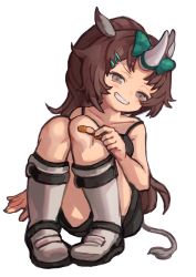 Rule 34 | 1girl, absurdres, animal ears, arknights, bandaid, bandaid on face, bandaid on nose, brown hair, bubble (arknights), buchi0122, commentary request, full body, green eyes, highres, horns, long hair, looking at viewer, simple background, single horn, solo, white background