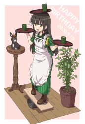 Rule 34 | 1girl, ama usa an uniform, anko (gochiusa), apron, balancing, balancing on head, black hair, black ribbon, blunt bangs, blush, boots, breasts, brown footwear, commentary request, crown, cup, dated, flower, frilled apron, frills, gochuumon wa usagi desu ka?, green eyes, green kimono, green tea, hair flower, hair ornament, hair ribbon, happy birthday, highres, holding, holding tray, japanese clothes, kimono, long hair, looking at another, looking at viewer, maid apron, mini crown, mohei, on head, on table, open mouth, outline, pink background, plank, plant, polka dot trim, potted plant, rabbit, ribbon, sidelocks, sleeves rolled up, small breasts, standing, striped clothes, striped kimono, table, tea, tray, ujimatsu chiya, vertical-striped clothes, vertical-striped kimono, white apron, white flower, white outline, white ribbon, wooden floor, yunomi