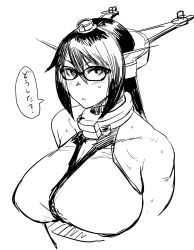 Rule 34 | 10s, 1girl, :&lt;, bad id, bad pixiv id, bespectacled, bra, breasts, glasses, greyscale, hair between eyes, huge breasts, kantai collection, looking at viewer, monochrome, nagato (kancolle), round eyewear, serious, simple background, solo, sweatdrop, synecdoche, translation request, underwear