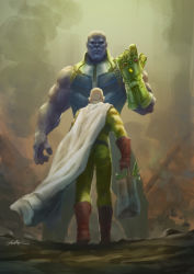 Rule 34 | 2017, 2boys, absurdres, avengers: infinity war, avengers (series), bag, bald, boots, cape, colored skin, confrontation, crossover, draw souls, faceoff, gauntlets, gloves, height difference, highres, infinity gauntlet, infinity gems, jumpsuit, male focus, marvel, marvel cinematic universe, multiple boys, muscular, muscular male, one-punch man, power suit, purple skin, red footwear, red gloves, saitama (one-punch man), shopping bag, signature, single gauntlet, thanos, white cape, yellow jumpsuit